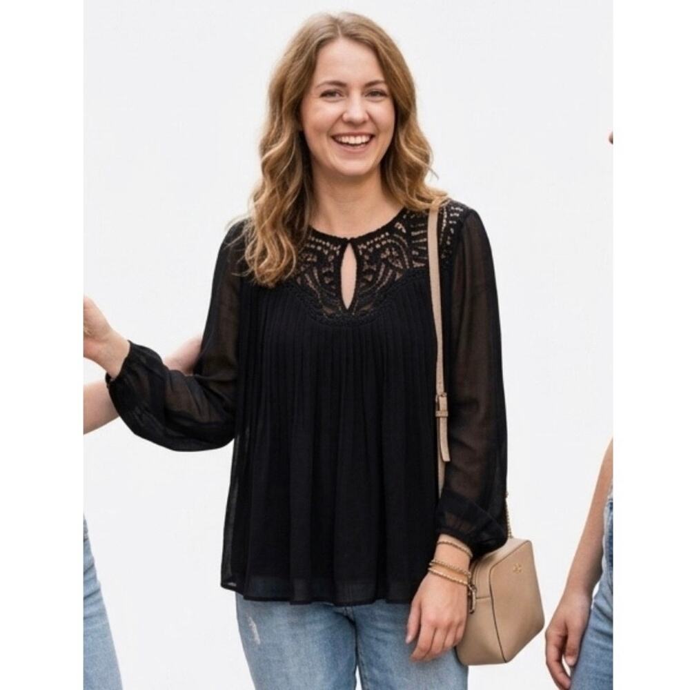 KATE SPADE LIVE COLORFULLY Women's L Sheer Lace Silk Long Sleeve Top Black